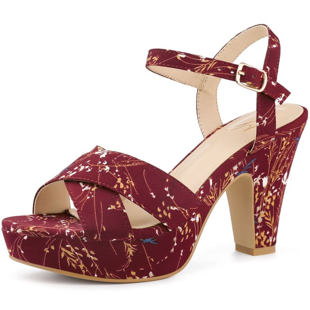 Platform Heel Slingback Burgundy Floral Heels Sandals